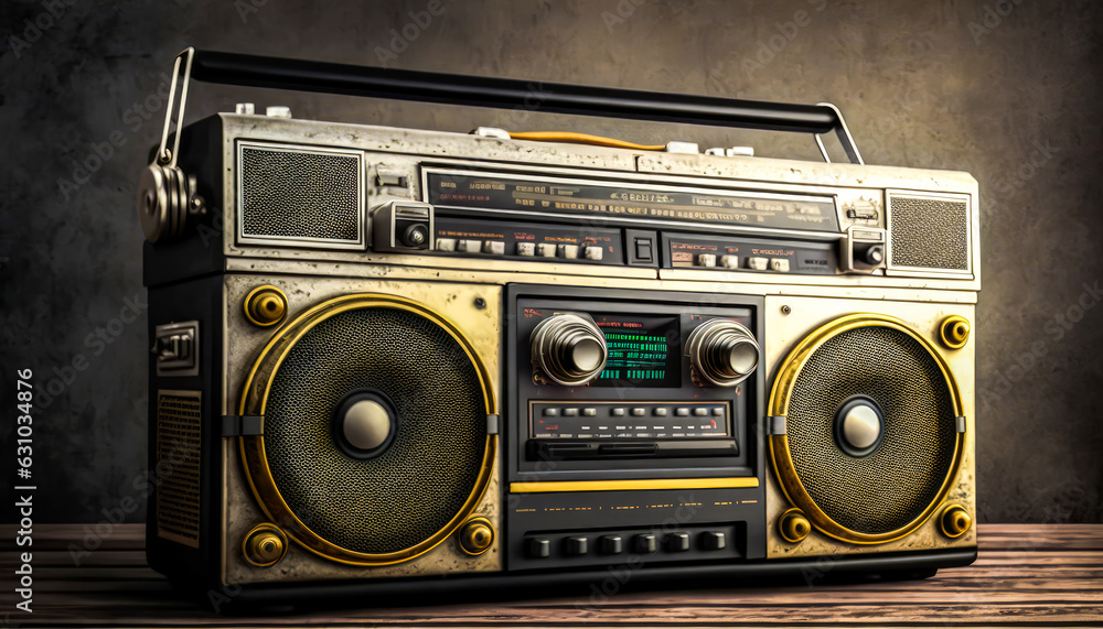 Fototapeta premium An old boombox sitting on top of wooden table. Generative AI