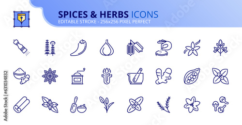 Simple set of outline icons about spices and herbs