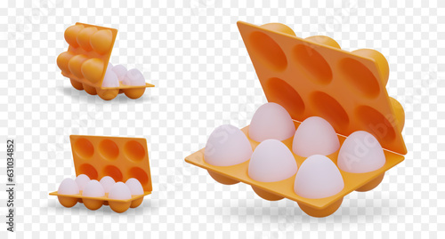 3D white eggs in package. Half dozen large eggs in open box. Vector object in different positions. Natural farm product. Eco goods. Set of isolated images photo