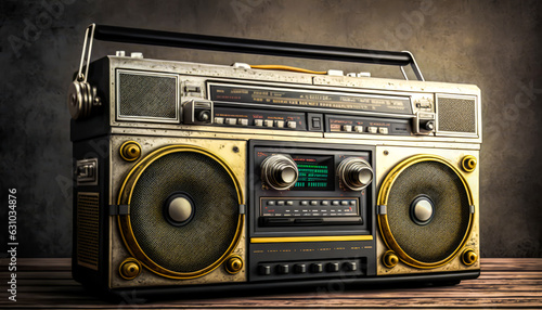 An old boombox sitting on top of wooden table. Generative AI