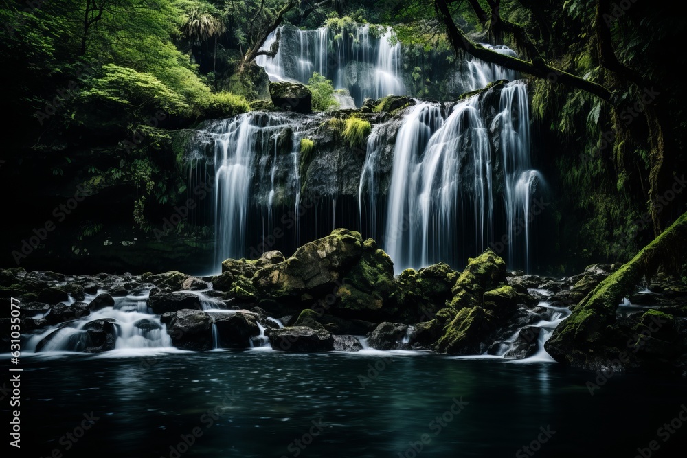 Obraz premium Serene And Minimalistic Waterfall, Generative AI