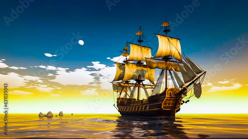 Slika na platnu Pirate ship sailing in the ocean at sunset. Generative AI