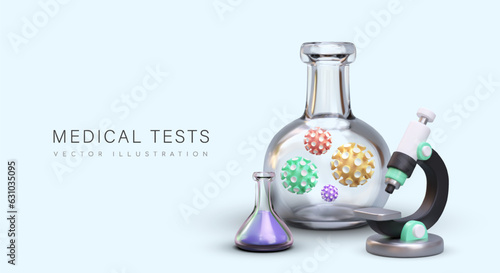 Realistic test tubes with liquids and bacteria. Set of 3d equipment with microscope and material for tests. Medical researches. Web poster for laboratory. Vector illustration with place for text