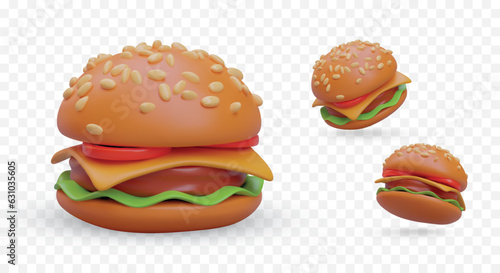 Set of realistic layered burgers in different positions. Round bun sprinkled with sesame seeds. Meat, vegetable, cheese filling. Classic hot fast food. Vector icons for sites, games