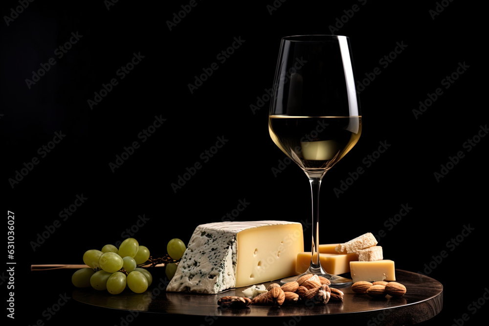 Close up with glass of white wine and pieces cheese on a wooden tray on dark background