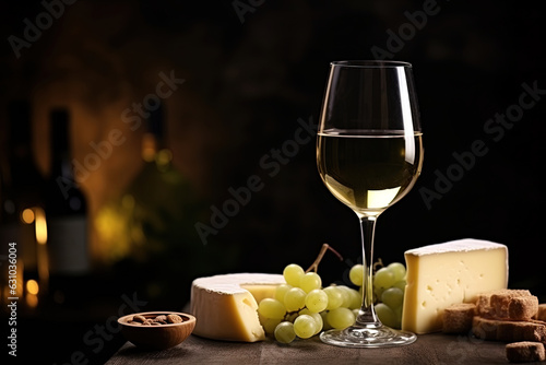 Glass of white wine and pieces of fresh cheese on a wooden tray on background with soft light