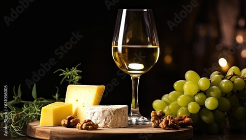 Close up with glass of white wine and pieces of fresh cheese on a wooden tray © IonelV