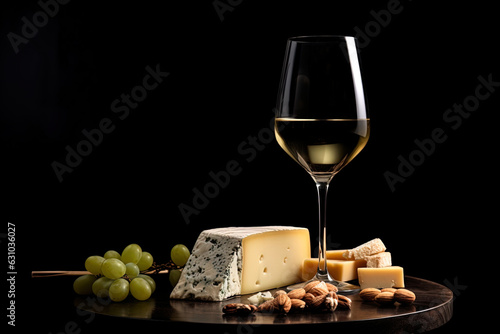 Close up with glass of white wine and pieces cheese on a wooden tray on dark background