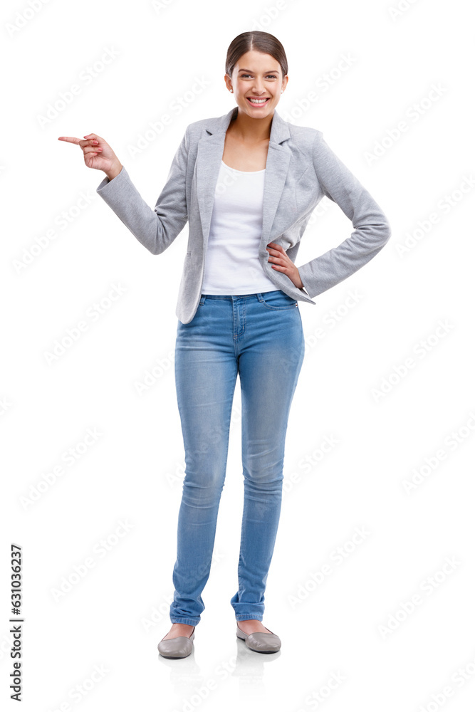 Portrait of woman with smile, pointing and isolated on transparent png background for promo or presentation. Information, deal announcement and casual happy model showing opportunity, choice or idea. Portrait of woman with smile, pointing and isolated on transparent png background for promo or presentation. Information, deal announcement and casual happy model showing opportunity, choice or idea.