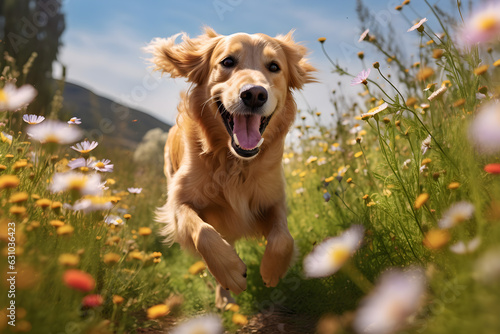 Cute golden retriever running in a field of flowers in summer, its happy, joy and playful, Generative AI 