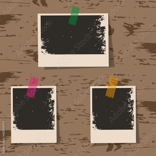 Set of Blank Retro photo frame for Scrapbook on wooden rustic background. Design of vintage negative snapshot. Template of retro photo picture with grunge texture. Vector illustration.