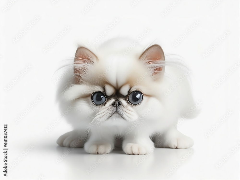 Close-up and front view. white persian cat portrait sitting and resting and white background. generative ai