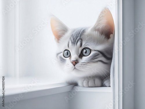 Close up image, cat merican short hair portrait, perched on a white window sill. natural and blurred background. generative ai