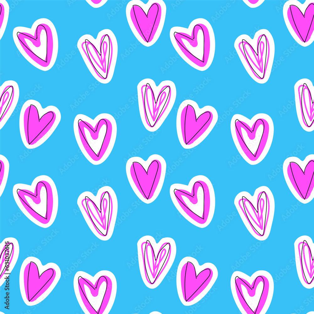 Pink hearts on a blue background. Doodle vector seamless background. Festive background. Perfect for various projects like textiles, paper crafts, and more.