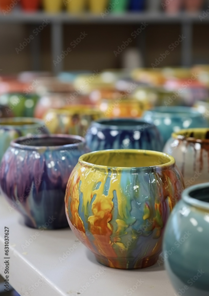 Generative AI, modeling of ceramic dishes from clay, decor from multi-colored glaze, pottery workshop, master class, handmade plates and cups Generative AI, modeling of ceramic dishes from clay, decor from multi-colored glaze, pottery workshop, master class, handmade plates and cups