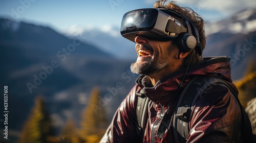 Senior Man in VR Headset Poster with Copy Space - Immersive Virtual Reality Experience for Elderly - Innovative Technology Illustration for Seniors © weerut
