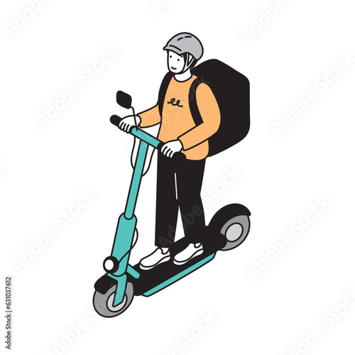 アイソメ構図の電動式キックボードで配達する男性のシンプルなイラスト
