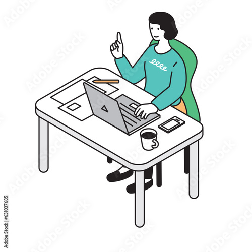 アイソメトリック構図　リモートワークをする女性のイラスト