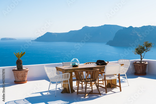 White architecture in Santorini island, Greece. Beautiful terrace with sea view. © smallredgirl