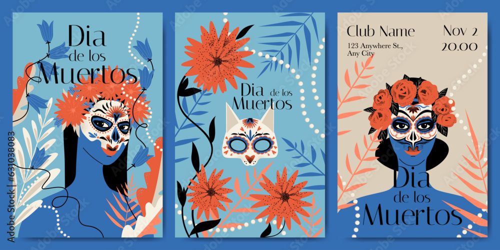 Mexican day of the dead party invitation card set with girls with carnival masks, flowers and cat skull