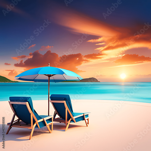 Sea beach chairs and umbrella background