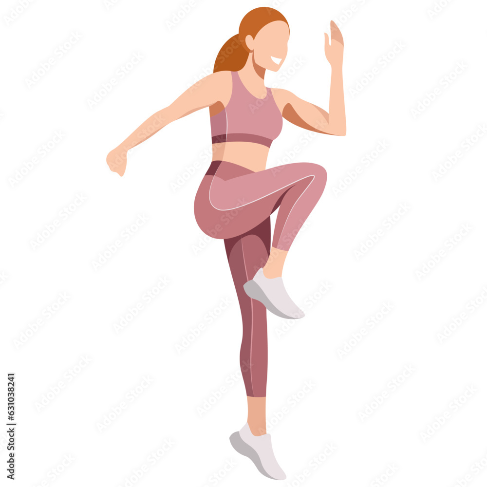 vector realistic image of a slim girl in a sports uniform (leggings and a sports bra) is engaged in fitness, sports, training, isolated on a white background. the girl is engaged in aerobics, jumping. vector realistic image of a slim girl in a sports uniform (leggings and a sports bra) is engaged in fitness, sports, training, isolated on a white background. the girl is engaged in aerobics, jumping.