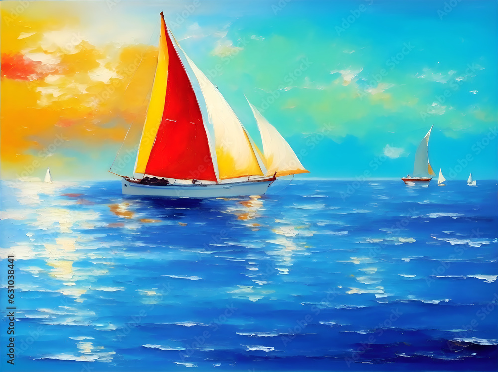 Sailing boats on the sea. Seascape in the style of impressionism.