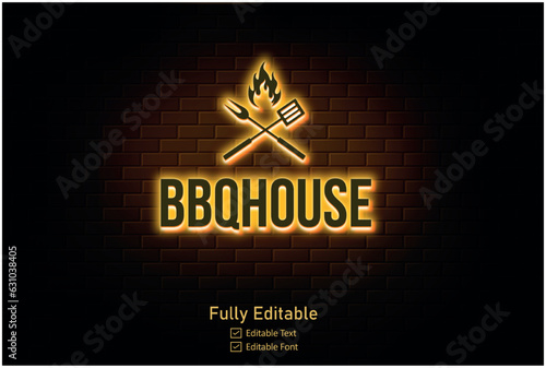 Glowing neon logo restaurant icon on a dark brick wall background. Light effect hot beverage or cafe sign. Vector illustration