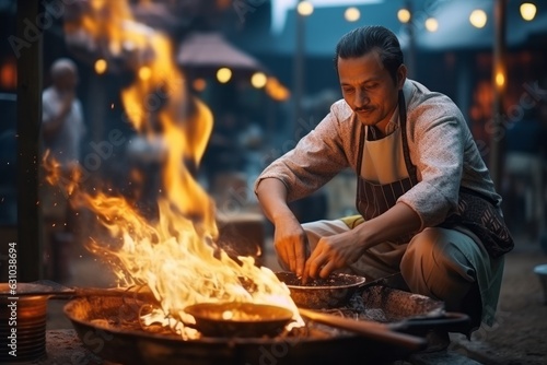 a man cooks street food on the street. street food generative ai.