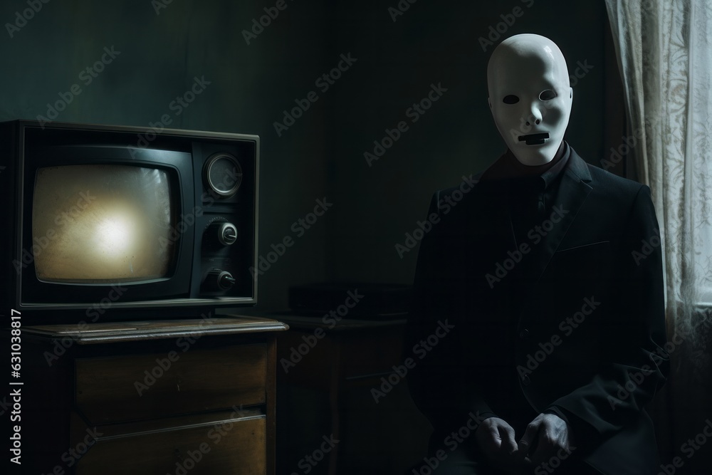a man in a mask is sitting in a room. halloween horror movie generative ai. a man in a mask is sitting in a room. halloween horror movie generative ai.