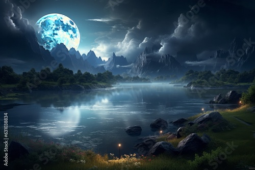 Background night landscape. The night sky, the full moon. Reflection of the moon on the water. generative ai.