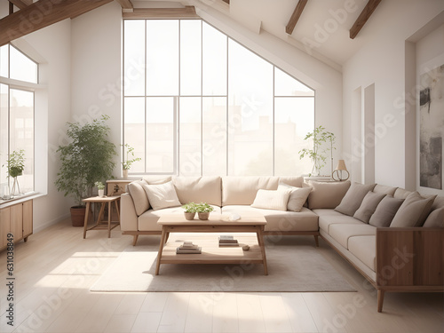 Living Room Interior Design Loft Style and Sofa and Wood Table. Modern Minimalist Living Room Interior in Warm Tone