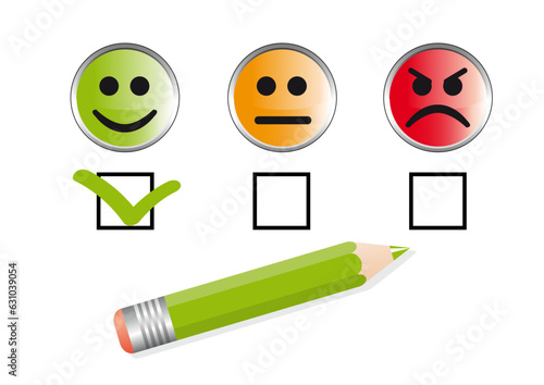 évaluation de l’humeur avec un crayon qui coche la case du visage souriant pour exprimer sa joie.