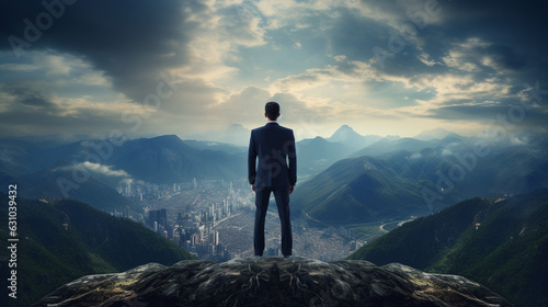 Businessman standing on apex mountain in concept Business management and leadership.