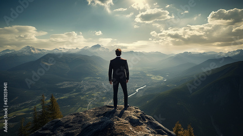Businessman standing on apex mountain in concept Business management and leadership.
