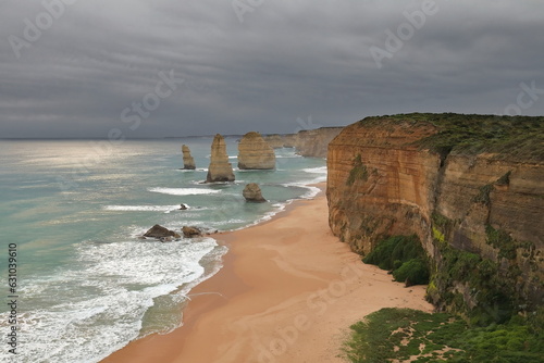 The Twelve Apostles sea stacks as seen from the viewpoint on a cloudy evening. Victoria-Australia-803+