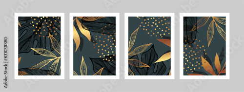 Botanical wall art vector background set. Abstract Plant Art design for wall framed prints, canvas prints, poster, home decor, cover, wallpaper.