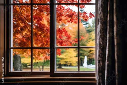 window with autumn leaves