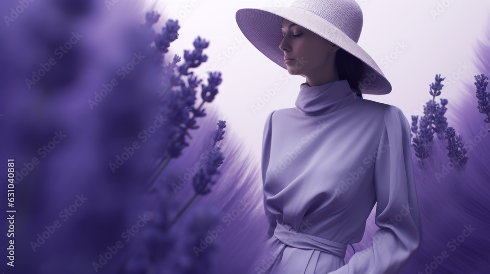 Art of Elegance, Sophisticated Couture Displayed in a Liminal Lavender Space under Dramatic Light, generative ai.	