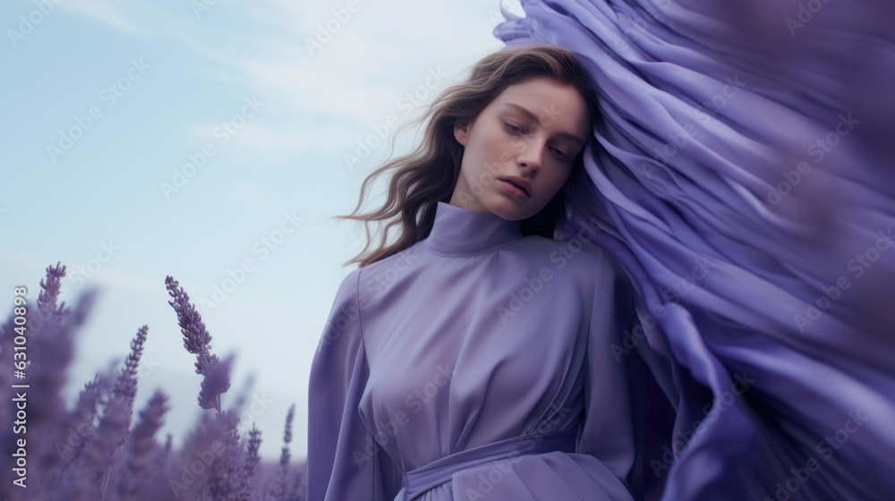 Art of Elegance, Sophisticated Couture Displayed in a Liminal Lavender Space under Dramatic Light, generative ai. Art of Elegance, Sophisticated Couture Displayed in a Liminal Lavender Space under Dramatic Light, generative ai.