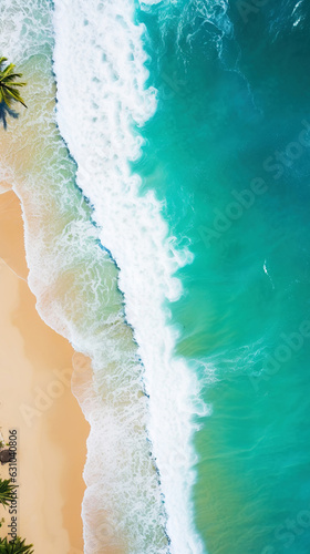 Aerial top view on sand ocean beach with palm trees. Summer vacation paradise concept. Vertical. Generative AI
