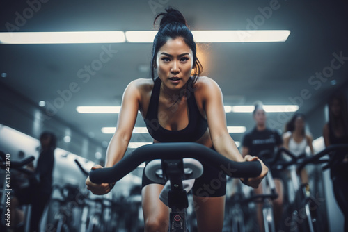 Asian woman in sportive activewear training on bike in spin class at gym
