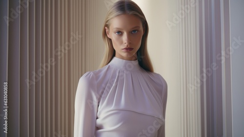 Art of Elegance, Sophisticated Couture Displayed in a Liminal Lavender Space under Dramatic Light, generative ai.	