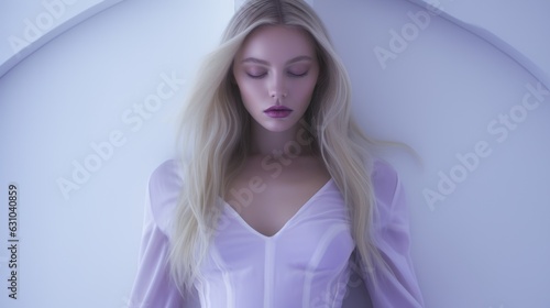 Art of Elegance, Sophisticated Couture Displayed in a Liminal Lavender Space under Dramatic Light, generative ai.	