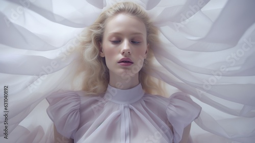 Art of Elegance, Sophisticated Couture Displayed in a Liminal Lavender Space under Dramatic Light, generative ai.	