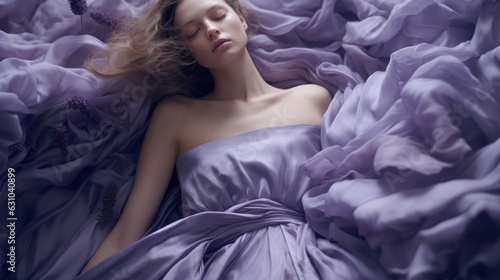 Art of Elegance, Sophisticated Couture Displayed in a Liminal Lavender Space under Dramatic Light, generative ai.	