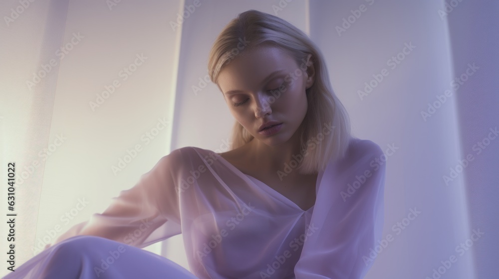 Art of Elegance, Sophisticated Couture Displayed in a Liminal Lavender Space under Dramatic Light, generative ai. Art of Elegance, Sophisticated Couture Displayed in a Liminal Lavender Space under Dramatic Light, generative ai.