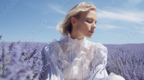 Art of Elegance, Sophisticated Couture Displayed in a Liminal Lavender Space under Dramatic Light, generative ai.	