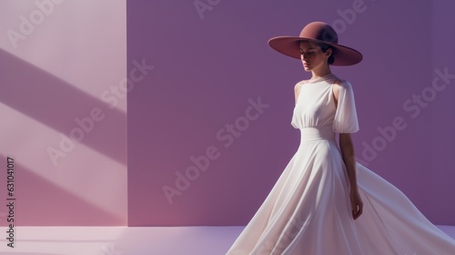 Art of Elegance, Sophisticated Couture Displayed in a Liminal Lavender Space under Dramatic Light, generative ai.	