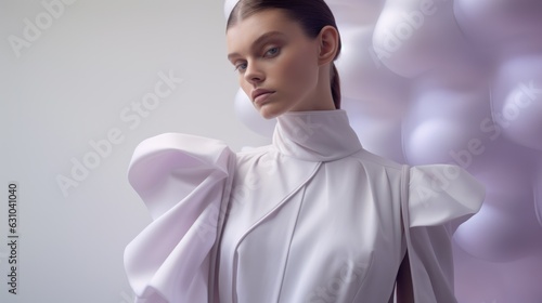 Art of Elegance, Sophisticated Couture Displayed in a Liminal Lavender Space under Dramatic Light, generative ai.	